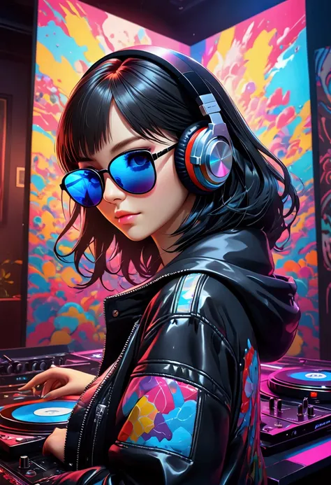 a woman playing dj,sunglasses,headphone,surrounded by equipment,(((live house))),(((dazzling spotlight))),chromatic aberration, ...