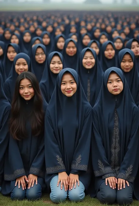 2000 long-haired asian girls in realistic hijab and long tights taking a group photo on their knees