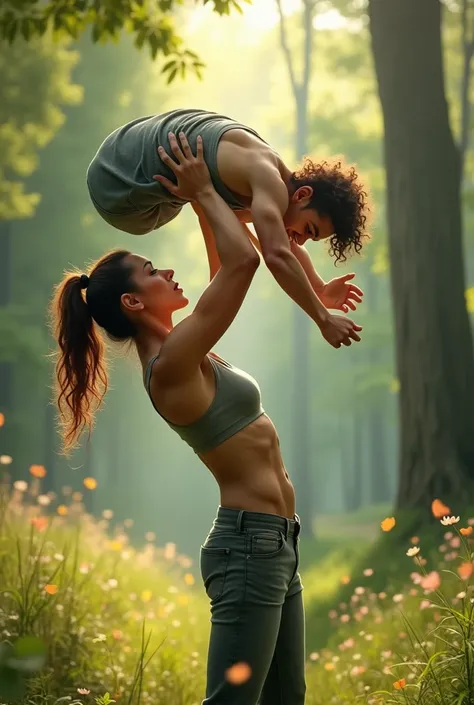 create a picture of a woman lifting a man outside in nature!