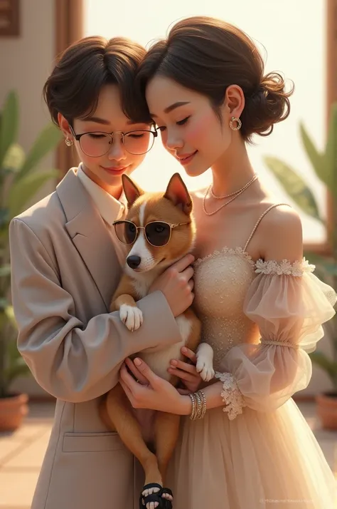 a mother, daughter and a dog . the mother should have short hair wearing a beautiful outer and the daughter should wear a elegan...