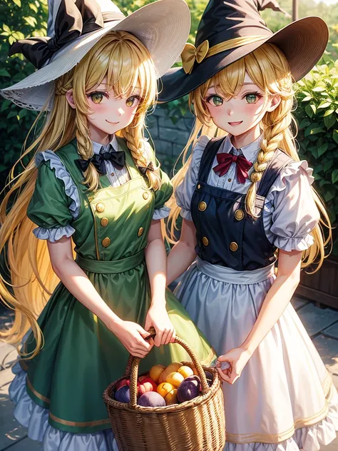 2girls,
green dress, short sleeves, white apron, straw hat, hair bow, smiling, flushed cheeks, long hair, yellow hair, single br...