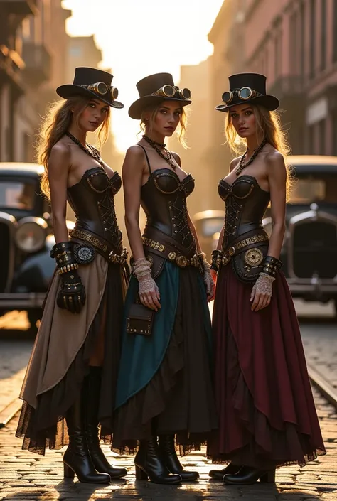 "prompt": "a realistic, well-defined photograph of a 3 female model dressed in steampunk fashion, standing full-body in an old-f...