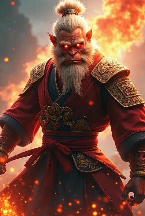 black myth,sun woukong, monkey king, in a samurai suit , holding ruyi jingu bang ,hyper detailed , unreal - engine , flaming eye...