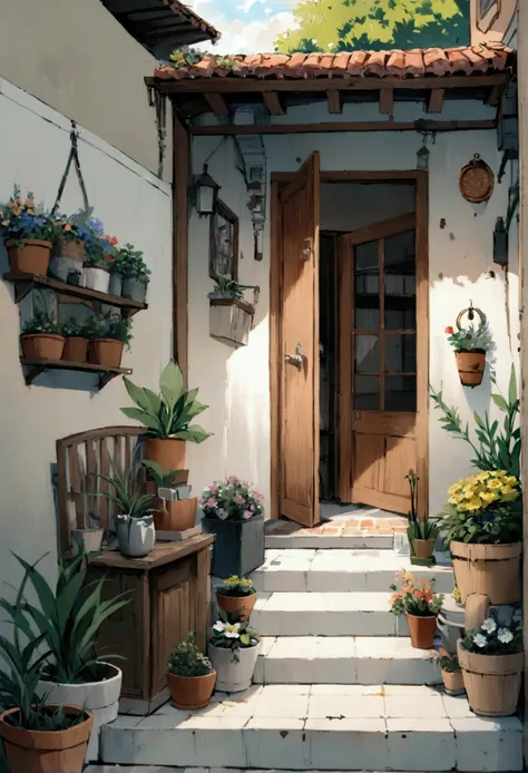 JZCG021,Flower shop,Coffee spots,gauges,a chair,No one,janelas,Flowers,a plant,Plants in pots,aquarelle (mediating),Landscapes,d...