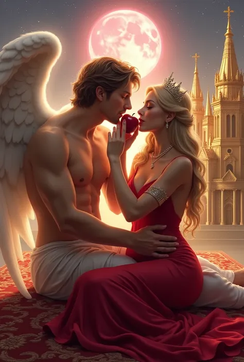 infinity a shirtless angel sitting on a mareoquino carpet with an apple in his hand placing it in the mouth of a woman in a red ...