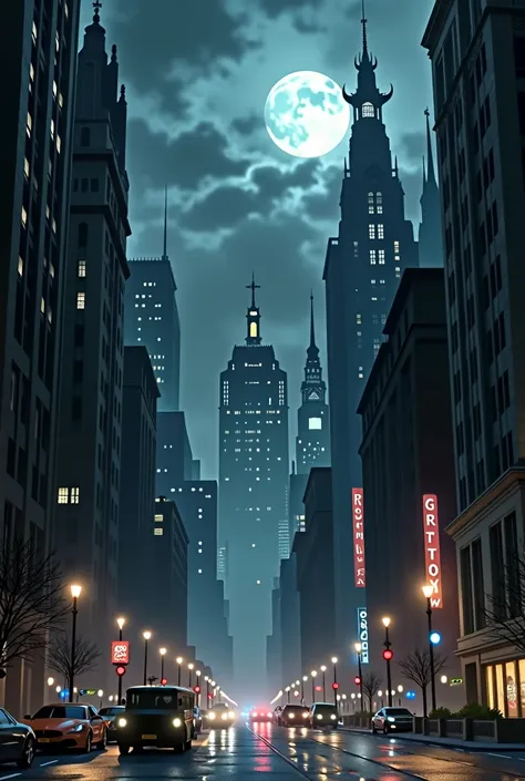 Gotham city street view. Looking up avenue, tall gothic buildings line the street, art deco buildings line the streets. NIGHT TI...