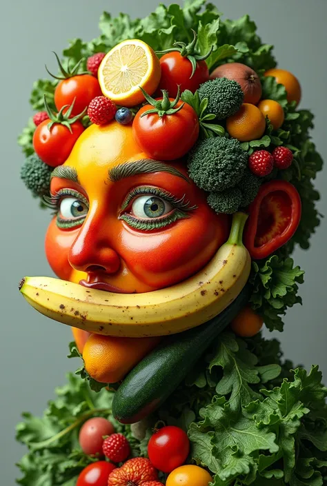 make a face made of vegetables and fruits in the style of giuseppe arcimboldo