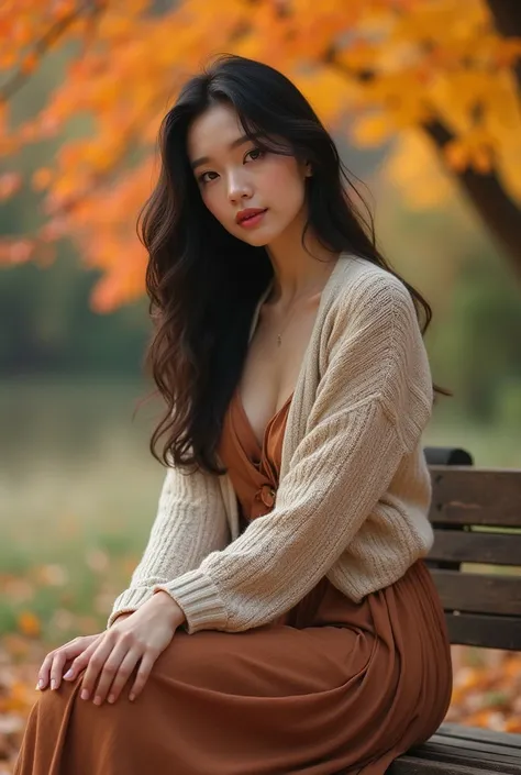 Asian woman, cardigans, long skirt, sexy face, sexy pose, sitting on bench, autumn background