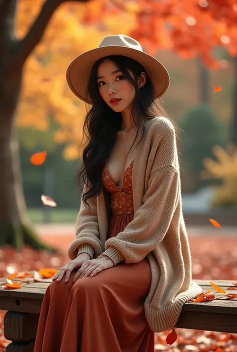 asian woman, cardigans, long skirt, cute hat, sexy face, sexy pose, sitting on bench, autumn background