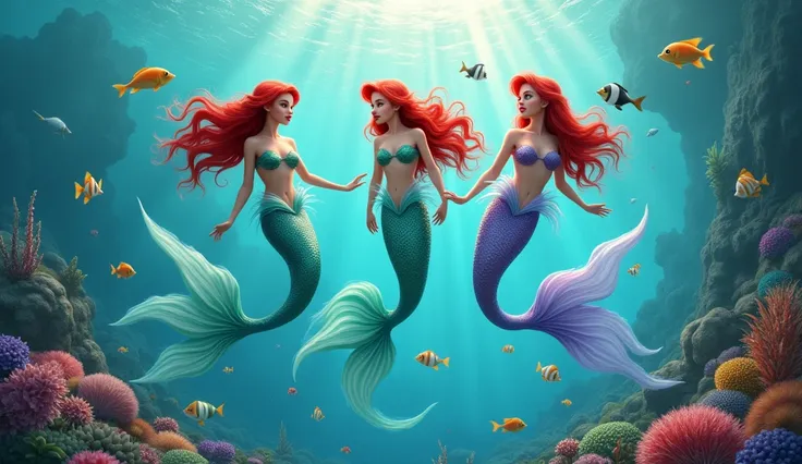 3 mermaids looking like ariel, swimming in the ocean with several fish and araiás