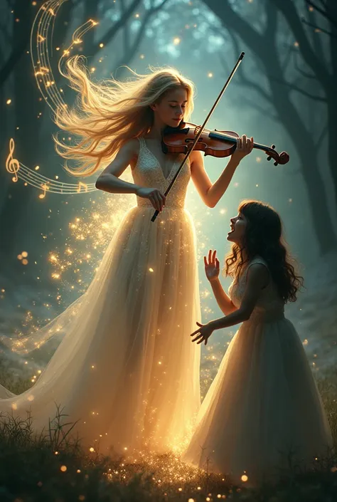 a magical, powerful, and glowing girl playing a violin with the notes flying towards a helpless girl that is calling for help