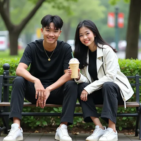 a pair of young indonesian men and women, bright black hair, wearing a black t-shirt and white leather jacket. long cargo pants,...