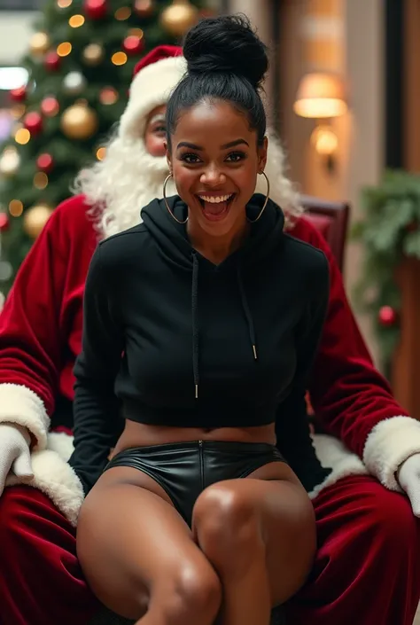 black woman hair in a bun black hoodie black leather short shorts butt cheeks showing excited and eyes wide open on her face set...