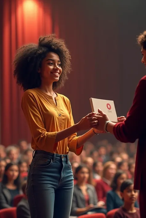 a 20 year old girl recieving an award from a person on stage in a college ceremony. the girl is wearing a kurta with jeans and h...