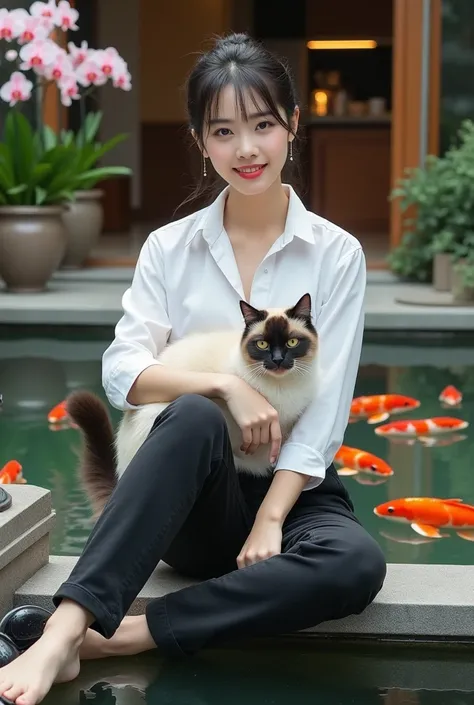 Beautiful Korean Women , smooth white skin, well-groomed face,hair up,bangs, korean way,baju kemeja putih kotak-kotak black,Whit...