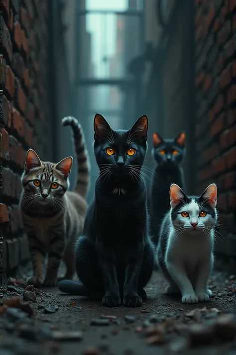 5 cats with cool poses in a dark alley