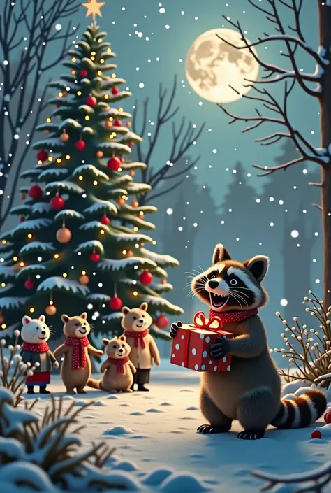 Good raccoon, gives gifts to all the animals for the New Year ,beautiful and mysterious nature around , The moon is shining, sno...