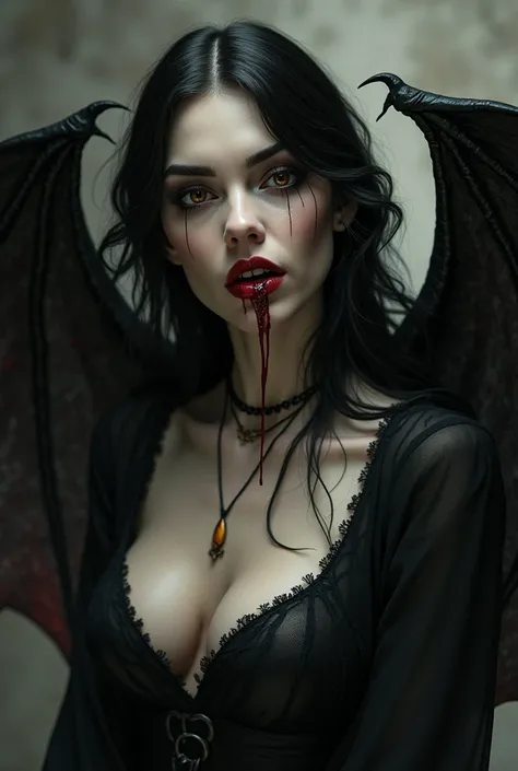 make a dark realistic vampire woman portait with demon wings and blood in mouth