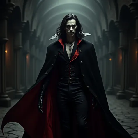 a pale, dark vampire lord with dark hair and a black robe that is red on the inside and black on the outside. uhd, super detaile...