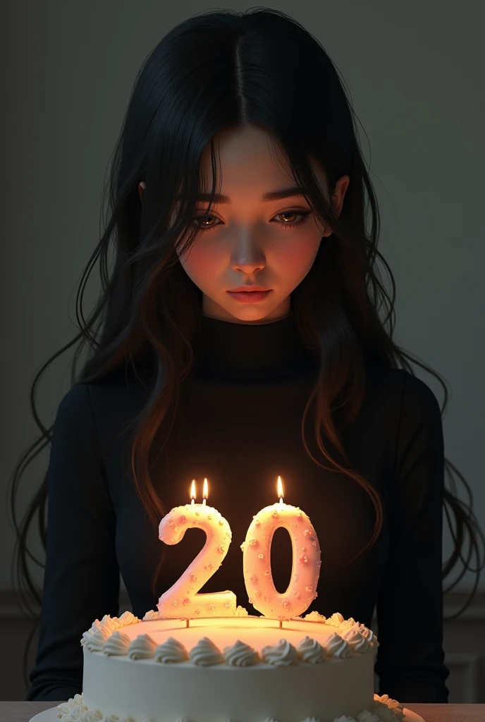 The beautiful young women cut shes birthday chocolate cake alone ( use knife ) on the cake 20 latter number candle and she blowi...