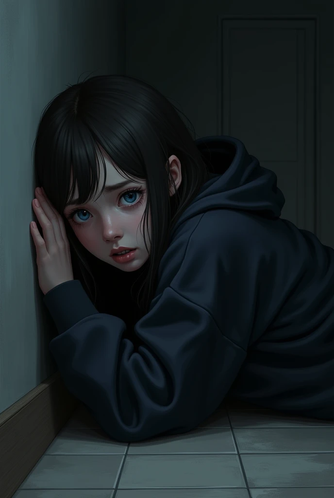 Illustration of a girl, dark brown hair, blue eyes, with a big black sweatshirt, lying on the floor of her house leaning agains...
