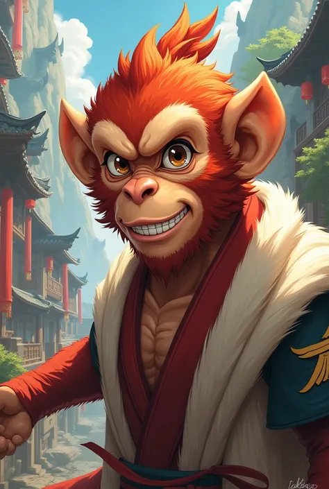 sun the monkey king in anime that looks like a human but without losing the monkey features that looks more like an amine charac...