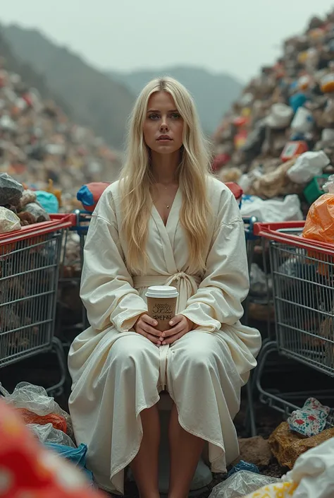 Concept: A blonde woman dressed in a robe made entirely of plastic bags, sitting on a toilet in the middle of a landfill. She’s ...