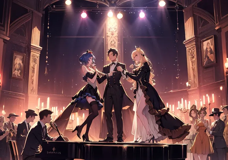 A scene where Disney princess-style characters are playing jazz and swing music on a cabaret band stage with a midnight atmosphe...