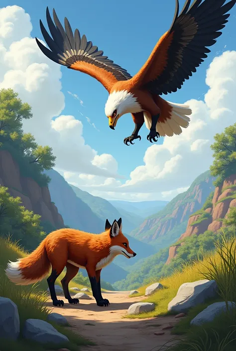 fox is on the land and eagle is flying towards it