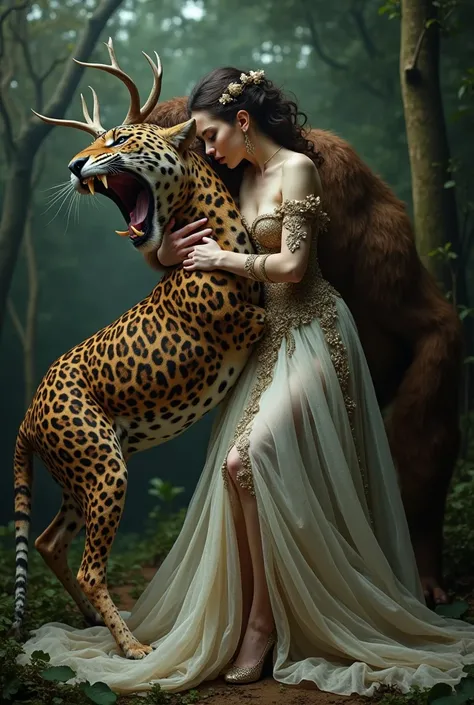 Woman with baroque dress hugs a deer that is being devoured by a jaguar 