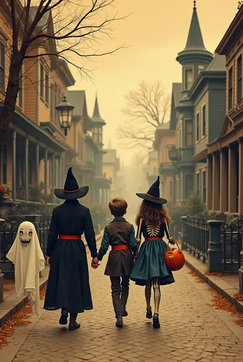 "A vintage Halloween illustration with a nostalgic feel. The scene includes old-fashioned trick-or-treaters in classic costumes ...