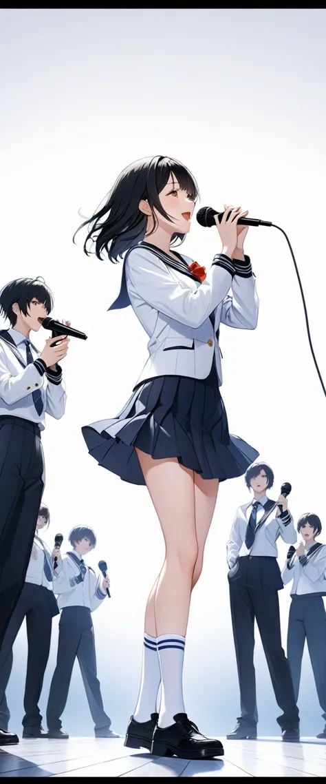 (((White background:1.5)))、(((A high school girl singing with a microphone open and holding it in both hands:1.5)))),(High schoo...