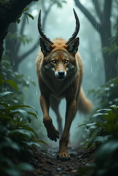 a dangerous creature combination of man and wolf , light brown and blue in colour ,horn like dear on head,in dark jungle,raining