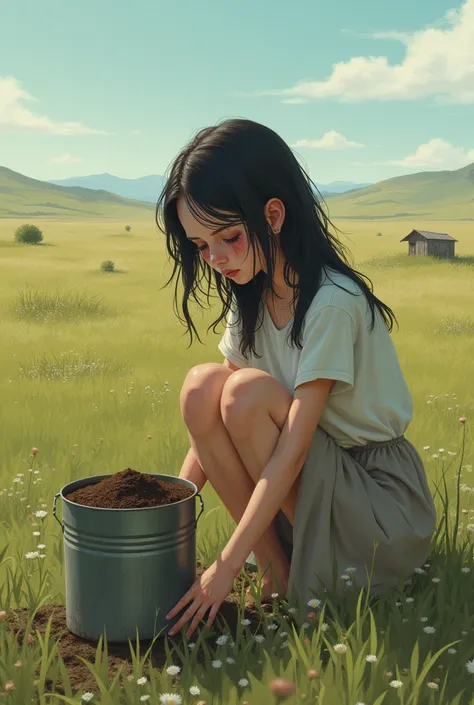 young lady crying next to a can of dirt in a field