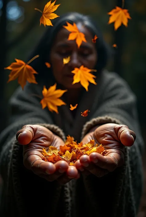 old indigenous hands, throwing leaves in the dark, front view