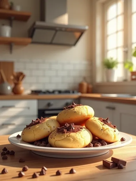 a picture of cookies on a white plate and a kitchen background. it looks like an advertisement in a realistic and beautiful way....