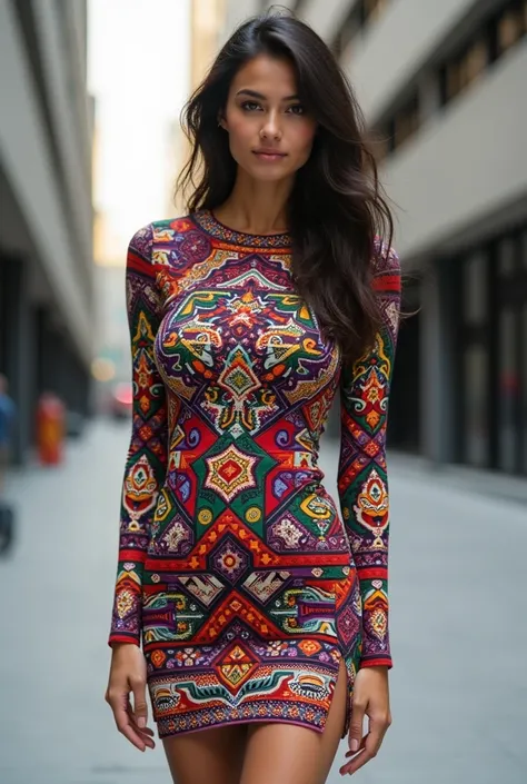 long sleeve dress, short, modern, tight, with mexican print, for a slim  girl