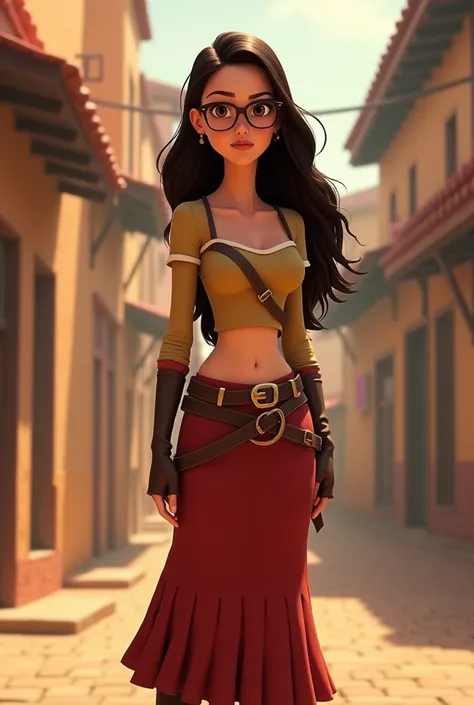 light brunette woman, long dark brown hair, brown eyes, thin black glasses, dressed as adelita in disney pixar style, whole body