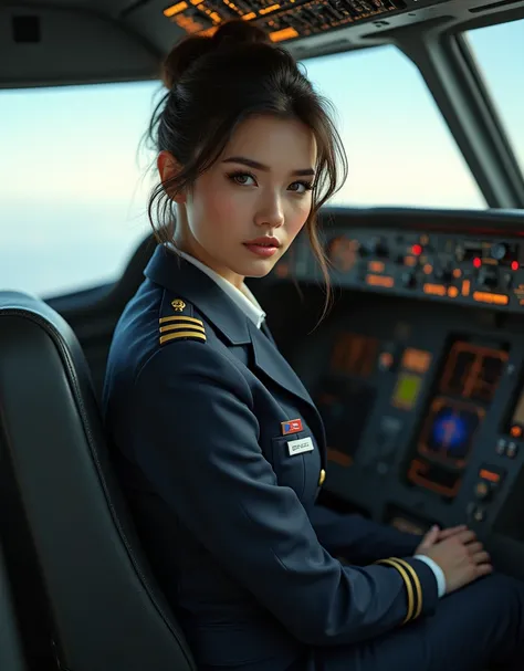 (photorealism:1.2), beautiful woman, air force, sexy flight attendant in military aircraft cockpit