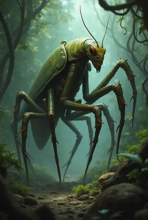 thri kreen mantis assassin with 2 legs, 4 arms and compound eyes