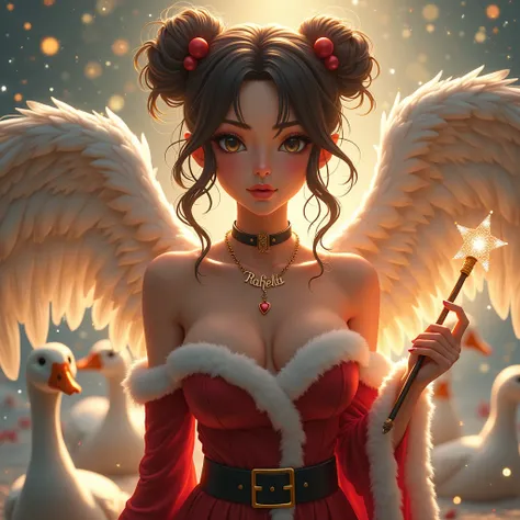a sexy woman with the wings of an angel, and with ash brown knotted slightly curly hair, holding a wand with a star on the end w...