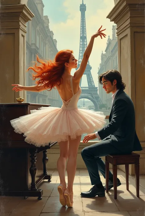 A ballerina dancing with long wavy red hair and blue eyes and on the other side a handsome genius pianist with long black hair a...