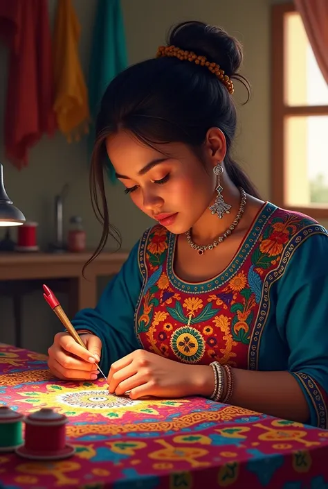 oaxacan woman embroidering a dress by hand