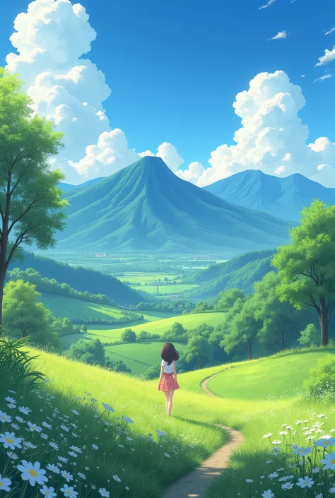 Anime girl in field with mountains as background, Anime Nature, beautiful anime scenes, anime countryside landscape, 4k manga wa...