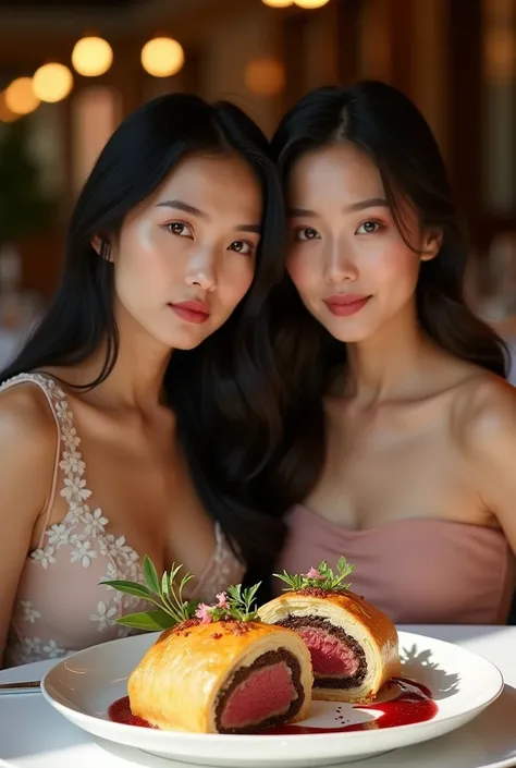 2 thai woman with half-korean heritage, detailed beautiful eyes and face. she is sitting elegantly in a luxurious restaurant, we...