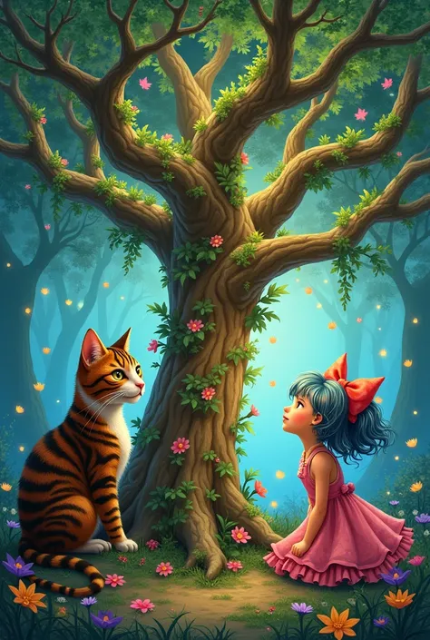 colorful brown tabby cat、sogen、colorful hair girl、tree of life、playing together