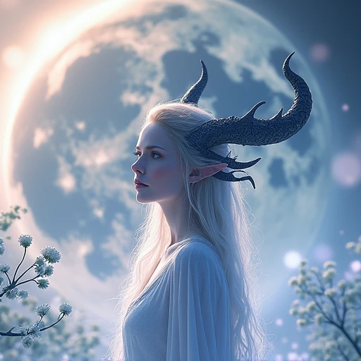 the background is a large and beautiful moon with a dragon&#39;s horn on the woman&#39;s head.