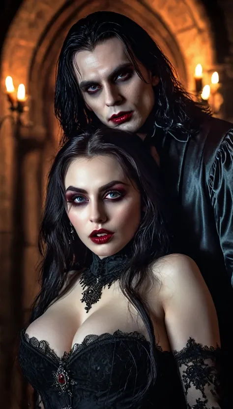 a voluptuous vampire woman, naked, sucking the blood from a man's neck in a gothic castle, beautiful detailed eyes, beautiful de...