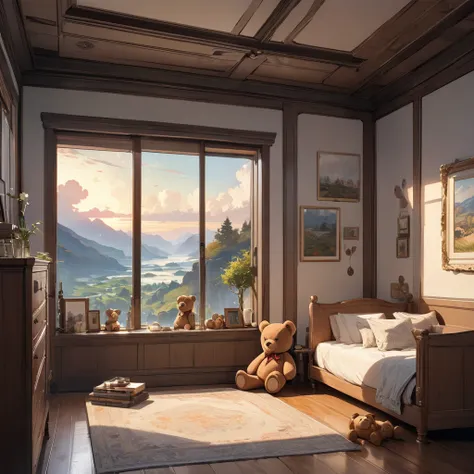 (masterpiece, best quality:1.2),teddy bear,in the room,landscape,