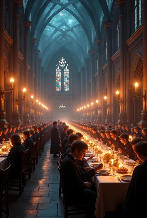 in an iconic scene from *harry potter*, you can portray the great hall of hogwarts during the welcome banquet, with long wooden ...